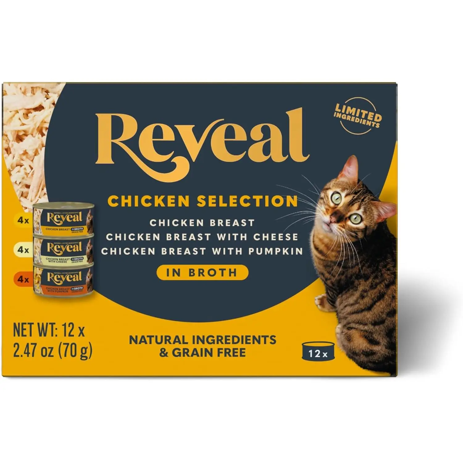 Reveal Wet Cat Food, 3-Flavor Chicken Variety in Broth 12-Pack 2.47 oz Cans, 100% Natural, High-Quality Protein, Limited Ingredient, Grain-Free, No Fillers, No Artificial Additives, No By-Products
