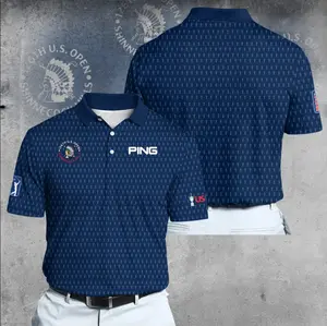 2026 Blue Trophy Pattern Golf Polo Shirt for Men – Navy Performance Athletic Polo, All Over Mini Trophy Print, Breathable Moisture Wicking Fabric, Championship Inspired Tournament Style Shirt, Summer Golf Outfit, Golf Lover Gift