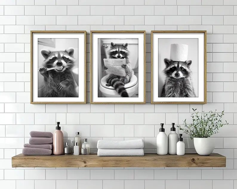 Raccoon Wall Art, Poster Set of 3, Funny Bathroom Decor, Raccoon Sitting on Toilet, Brushing Teeth & Paper on Head, Animal on Toilet Humor