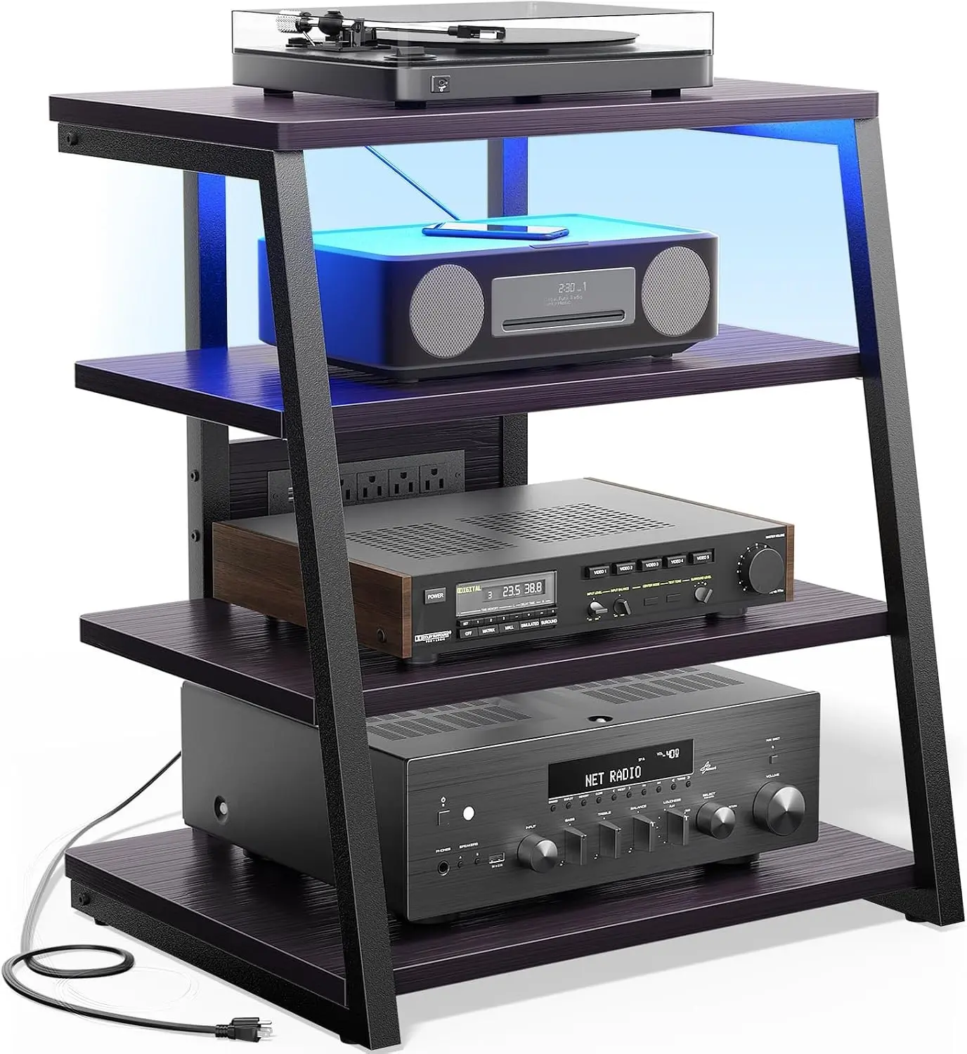 Besiost AV Media Stand with Outlets, Media Console with LED Lights, Stereo Racks and Stands with Storage Shelves, Media Audio Tower Cabinet, Black Enoby