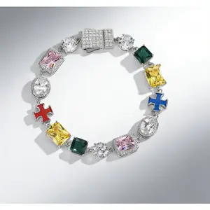 Colorful Moissanite & Enamel Cross Bracelet — Unisex, Eclectic Ethnic Style, Moissanite Bracelet, Hip-Hop Jewelry