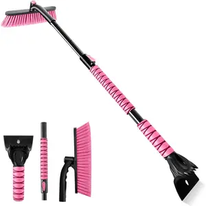 44" Ice Scraper and Snow Brush for Car Windshield with Extendable, 360 °   Pivoting, Soft Bristle Head, Foam Grip, for Car, Truck, SUV Window Tool (Pink)
