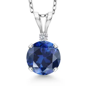 14K White Gold Blue Created Sapphire and Lab Grown Diamond Pendant Necklace for Women | 1.02 Cttw | Gemstone September Birthstone | Round 6MM | With 18 Inch Silver Chain