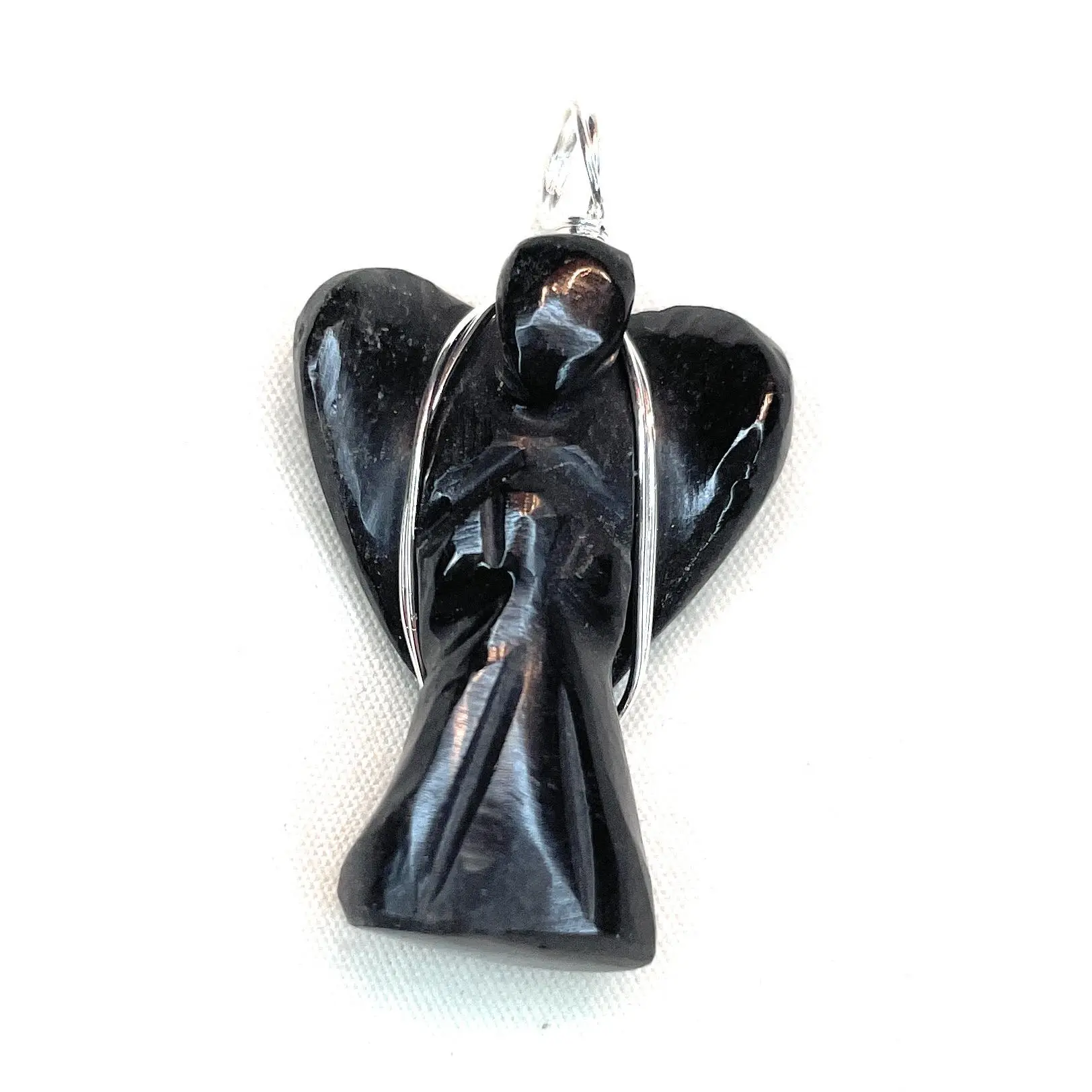 Wire Wrapped Black Obsidian Angel Pendant