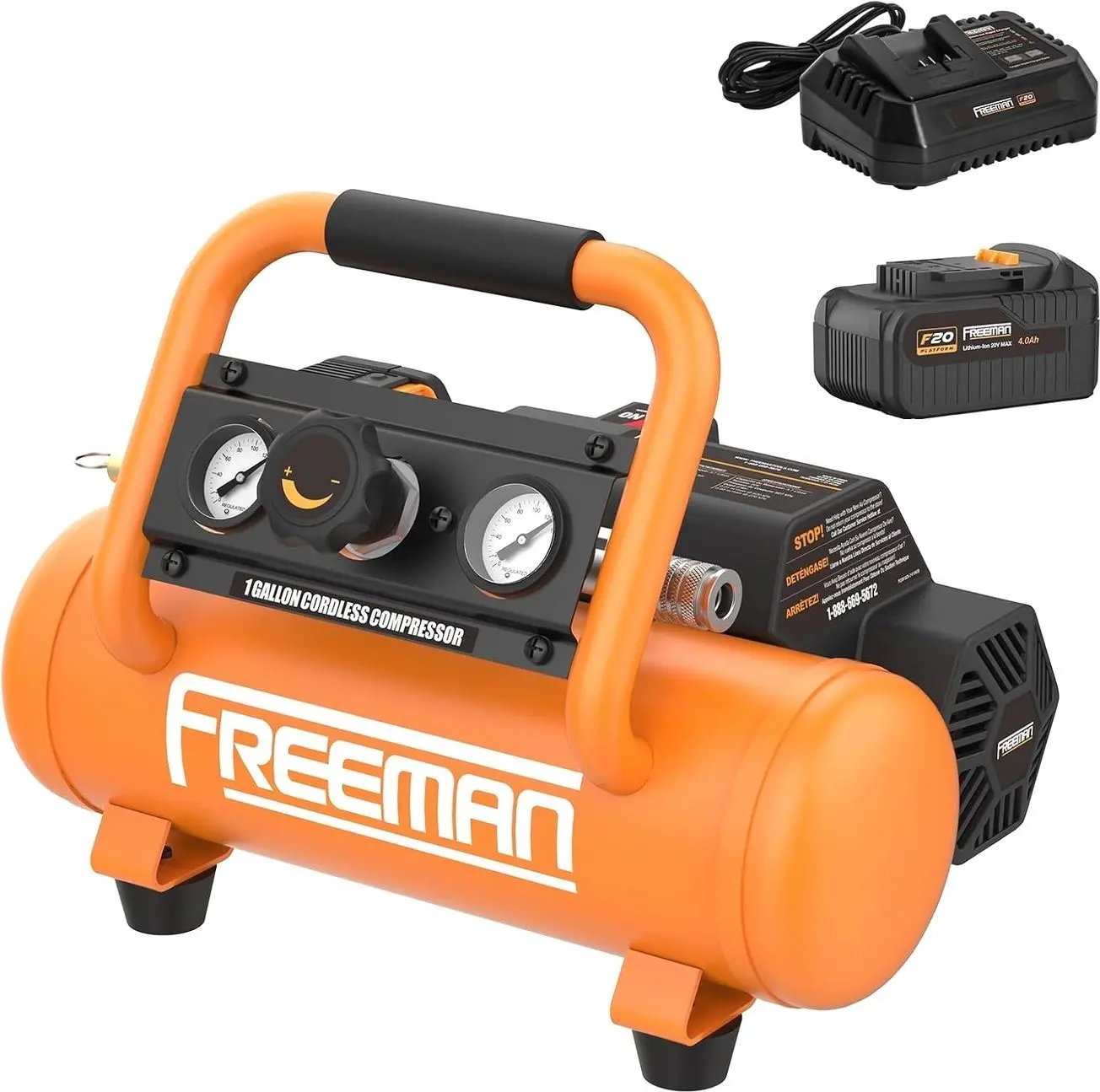 Freeman F20 20V Cordless 1-Gallon Air Compressor with 4.0Ah Battery & Charger | 1/3 HP, 700 Shots Per Charge | Portable, Oil-Free, for Nailers & Tire Inflation | PE20V1GCK