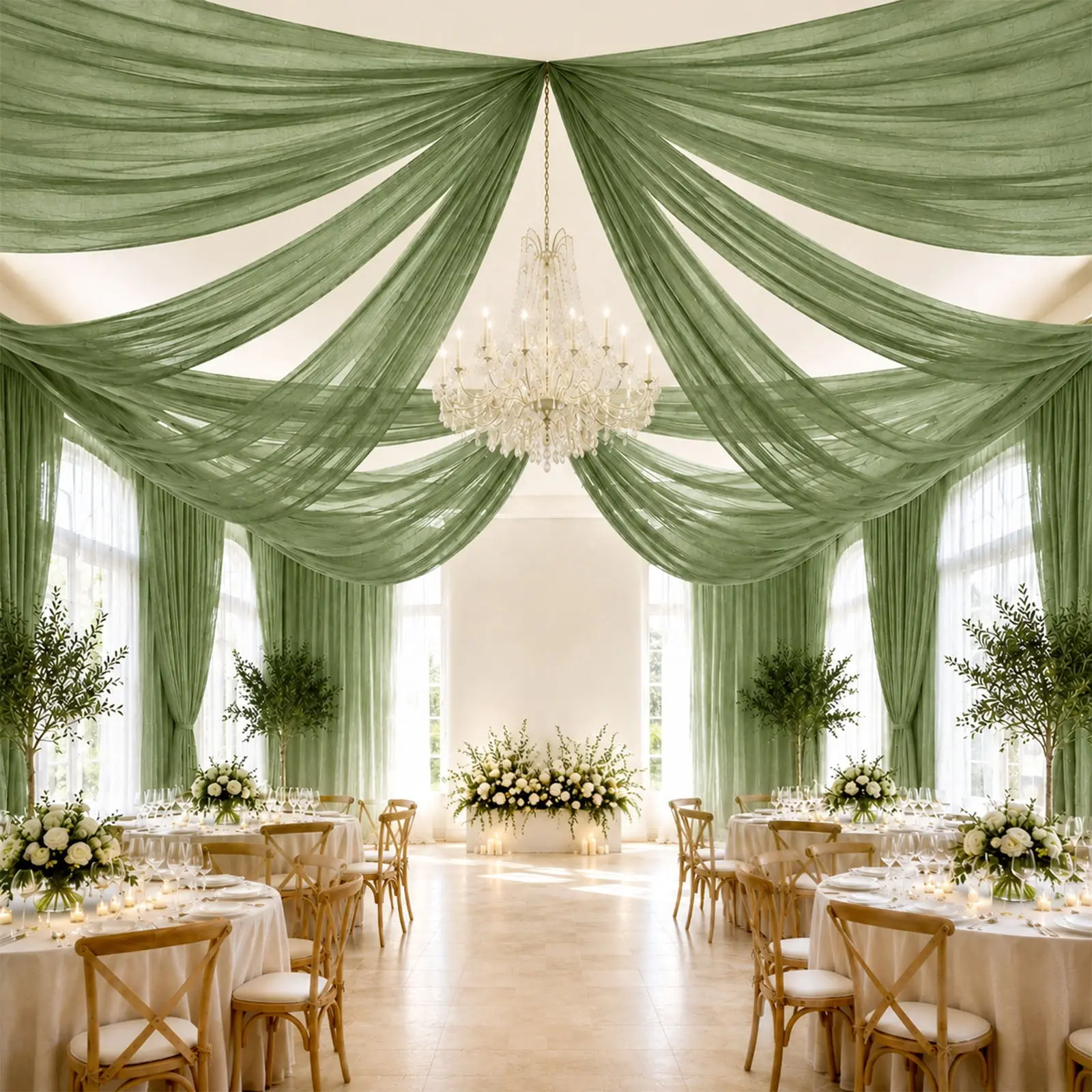 Dusty Sage Green Sheer Ceiling Drape – 10ft x 32ft Extra Long Drapery Panel for Wedding Canopy, Backdrop & Reception Décor