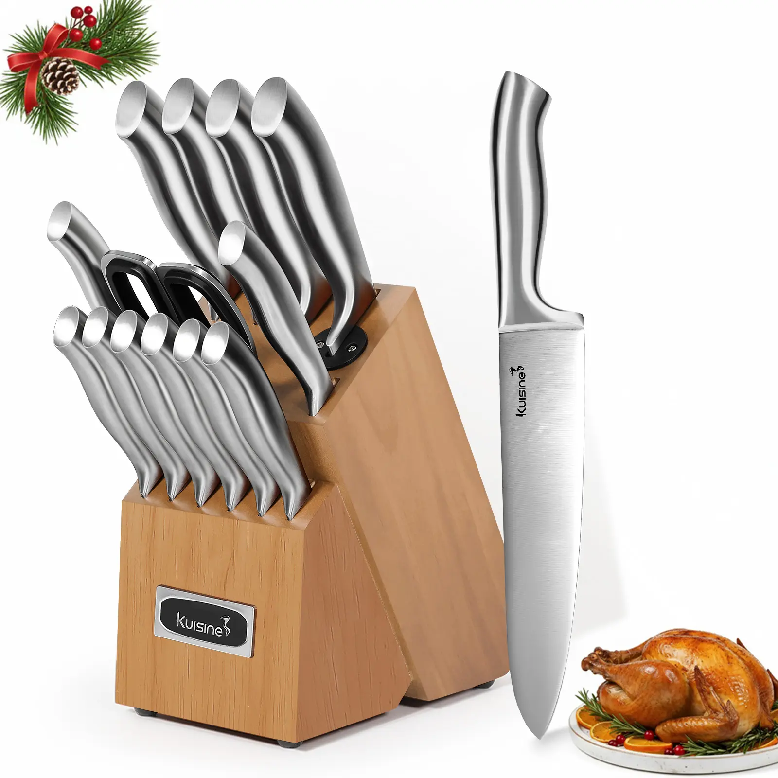 Kuisine 15 PCS Chef Knife Set with Block (Acacia), High-Carbon Stainless Steel Kitchen Knives, Self-Sharpening Block,Perfect Holiday Gift
