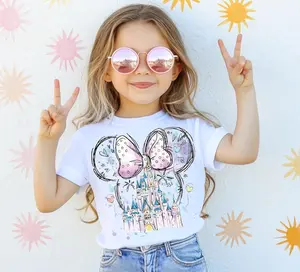 Youth and Adult Watercolor Castle Bow Graphic Shirt, Cute Princess Style Theme Park Vacation Tee, Girls Trip Matching Family Outfit Shirt, Pastel Magical Park Birthday Tee for Women and Kids