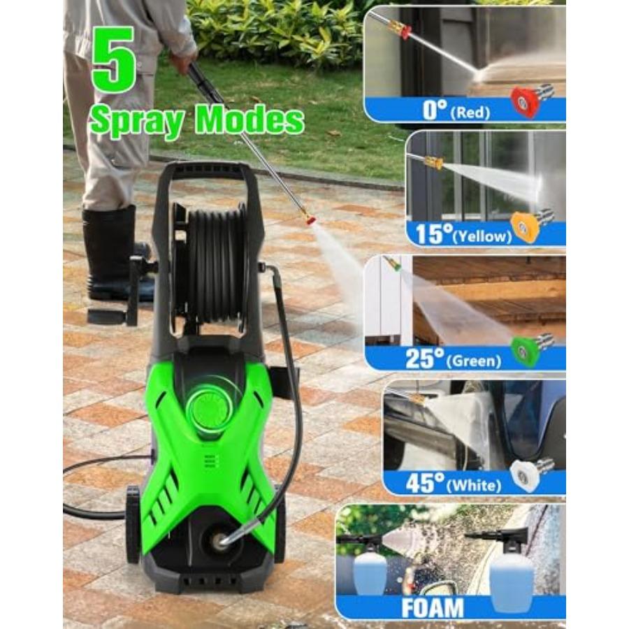 Electric Pressure Washer 2.8 GPM High Power Washer Adjustable Pressure 2500PSI-5000PSI with 33FT Extension Hose Reel 4 Nozzles