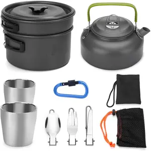 Camping Cookware Mess Kit, Lightweight Pot Pan Kettle with 2 Cups, Fork Spoon Kit Stainless Steel, gray for Backpacking, Outdoor Camping Hiking and Picnic