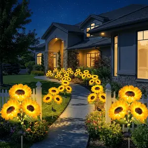 Solar Powered Light Set with 2 or 3 Fabric Garden Stake Lights, Up to 8-12 Hours, Sunflower Lamp, Pathway Outdoor Lighting, Flower Bed, Lawn, Park Decoration, Valentine's Gift, Nickel Hydrogen Battery, ABS + Silk Fabric, 1.2V / 600mAh AA Nickel Hydrogen B