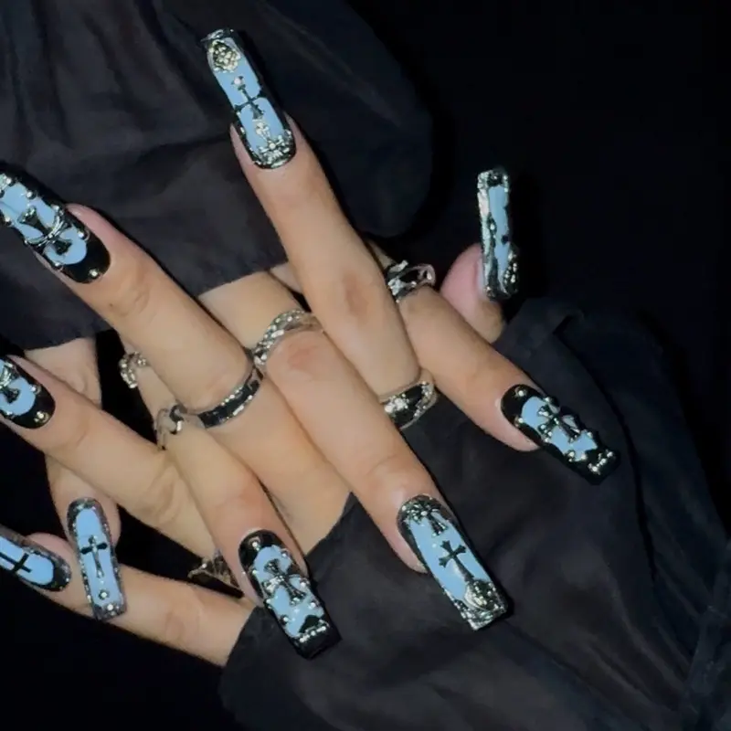 Ice Blue Chrome Heart Cross Press-On Nails, Long Coffin Handmade Gothic Nails with Metal Rivets, Reusable for Y2K Rave Parties