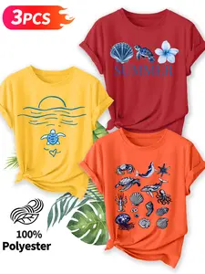 3Pcs Women's Crew Neck T-Shirts, Marine Life Turtle Series Print, Multiple Colors Available, Machine Washable, Spring & Summer Tops, Soft Skin-Friendly Fabric, Daily Versatile, Fashion Design