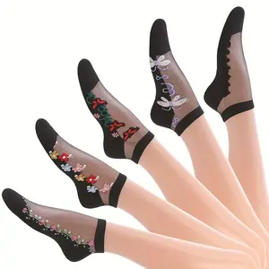 5 Pairs Floral Embroidered Socks, Breathable & Lightweight Mesh Short Socks, Women's Stockings & Hosiery