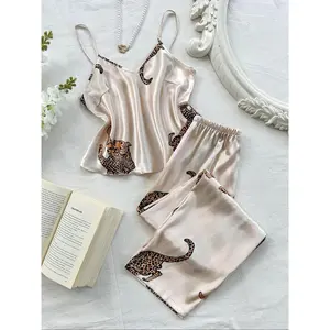 Women's Four Seasons Pajamas Leopard Print Camisole and Long Pants Pajamas Two-Piece Set Comfortable Casual Camisole and Long Pants Pajamas Set Women's Pajamas