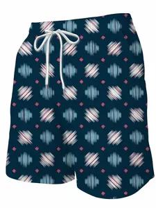 Men's Ethnic Geometric Stripe Printed Shorts, Loose Fit Drawstring Beach Pants, Casual Fitted Short Length, Random Print