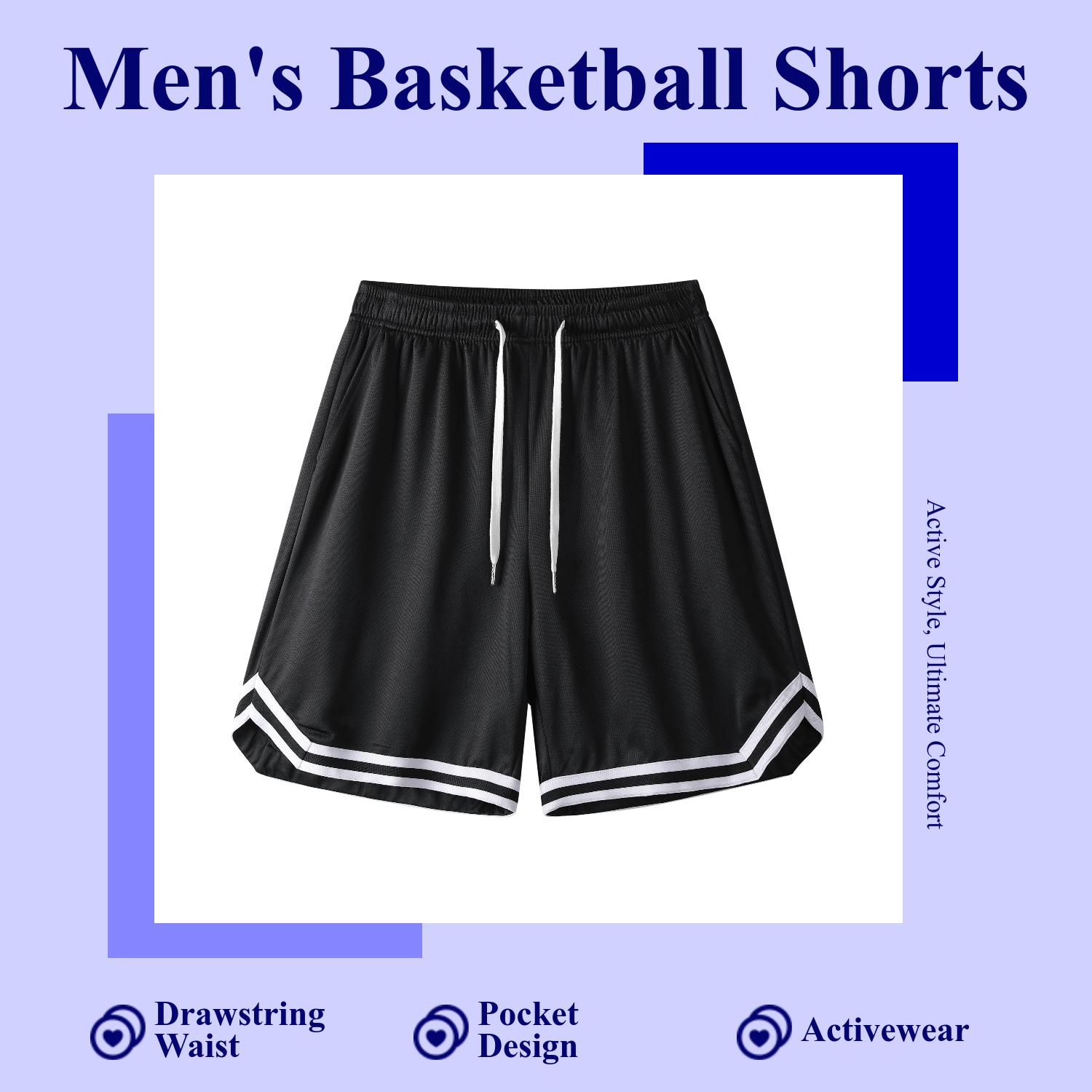 Men's Drawstring Basketball Shorts - Casual Summer Outdoor Sports & Gym Training Wear, Black & White Design with Pockets, Comfortable Fabric for Active Lifestyl