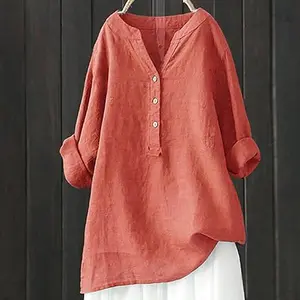 Linen Shirts for Womens V Neck Button Up Sexy Blouses Lapel Collar Comfort Tops Long Sleeve Loose Shirts