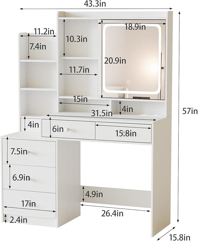 Vabches Vanity Makeup Mirror Desk, Makeup Vanity with 6 Drawers and Shelves,Vanity Table with Power Strip,Vanity Mirror 3 Lighting Color Adjustable Vabches Vanity Makeup Mirror Desk, Makeup Vanity with 6 Drawers and Shelves,Vanity Table with Power Strip,Vanity Mirror 3 Lighting Color Adjustable