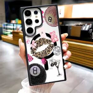 Retro 8 Ball Leopard Print Lips Gummy Bear Design Clear Magnetic Phone Case, Compatible with MagSafe Silicone Bumper Protective Cover For Samsung S25 S24 S23 S22 Ultra Plus FE Y2K Trendy
