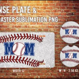 Baseball Mom license plate and 2 matching car coasters.