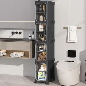 【Clearance/Fall Deals For You】KHNR 3/4/5-Tiers Ultra-thin Plastic Bathroom Storage Cabinet,Foldable Storage Cabinet,Narrow Storage Rack for Bathroom Corner or Beside Toilet,Movable Bathroom Storage Organizer Shelf for Small Spaces,Bathroom,Kitchen,Laundry