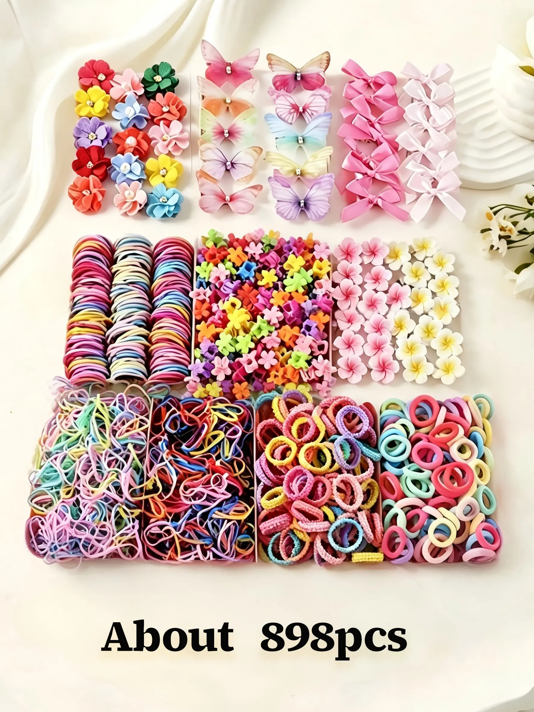 898/899pcs 2026 New Girls' Hair Accessories Gift Box Set, including hundreds of flower and butterfly hair clips, colorful hair ties, high elasticity hair bands, Thickened support rods, suitable for daily styling, with optional matching storage box