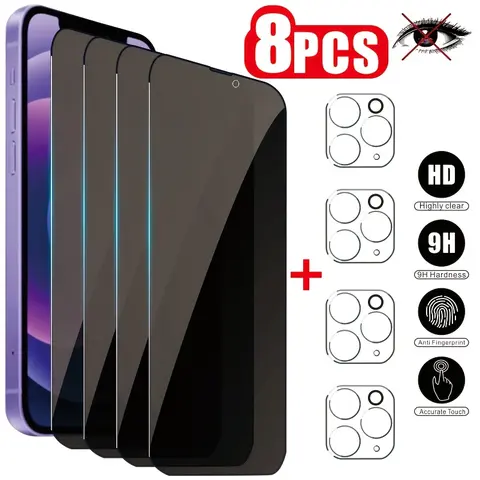 8-Piece Cellphone Anti-Peeping Tempered Glass Protective Set (4 Screen + 4 Lenses), Phone Screen Protectors for iPhone 16/16 Plus/15/14/13/12/11 Pro Max, 9H Hardness, Curved Edges Compatible, Privacy & Scratch Defense