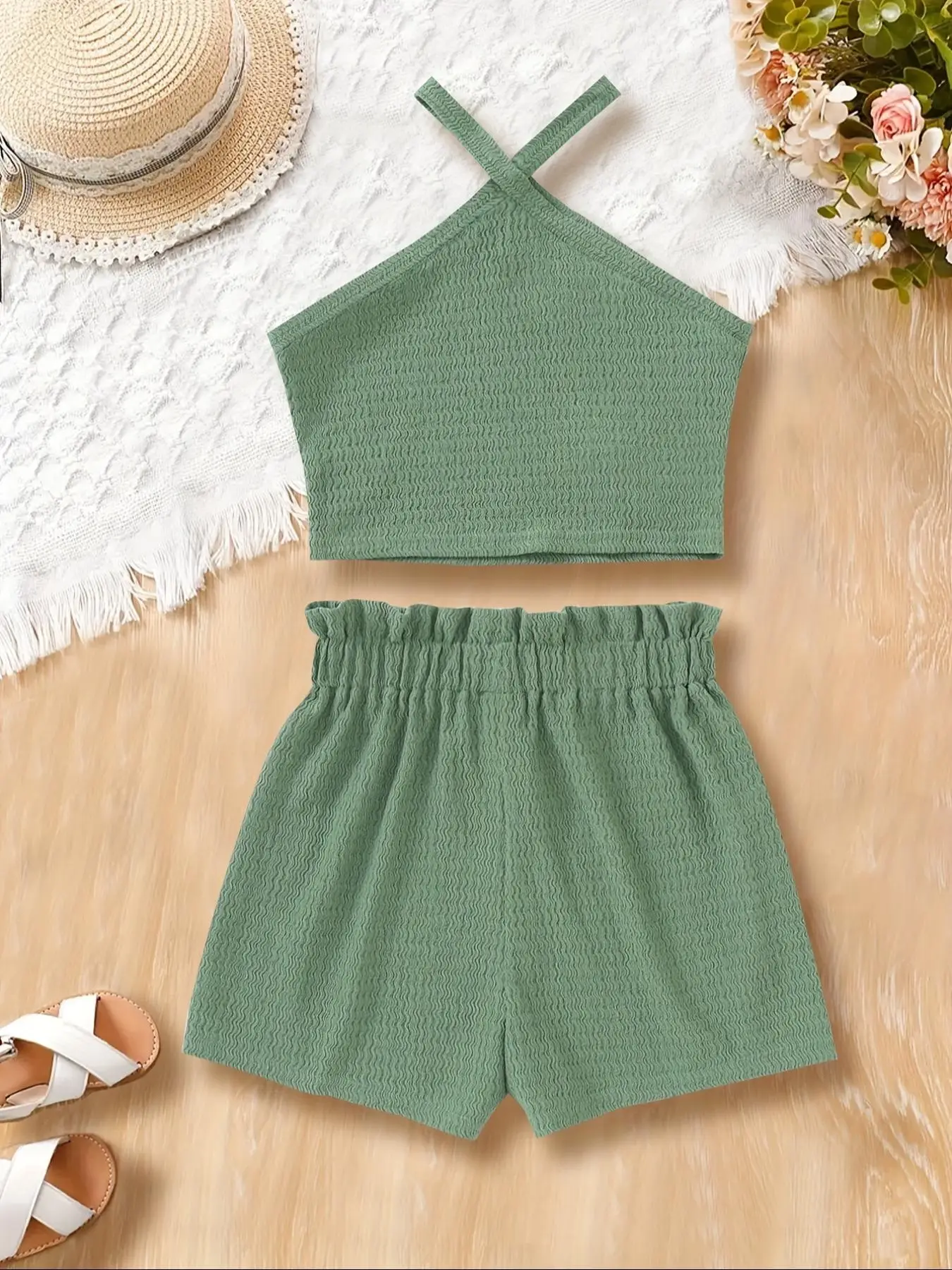 Toddler Girl's Solid Tank Top & Shorts Two-Piece Set, Casual Sleeveless Cropped Top & Shorts for Summer, Kids Clothes for Daily Wear