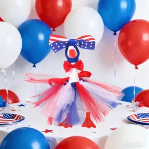 7 Inch Desktop Goose Porch Goose Decor Patriotic 4th of July Outfit Set with Star-Spangled Bow Satin Bow Tie and Tulle Tutu for Independence Day Graduation and All Holiday Ornaments