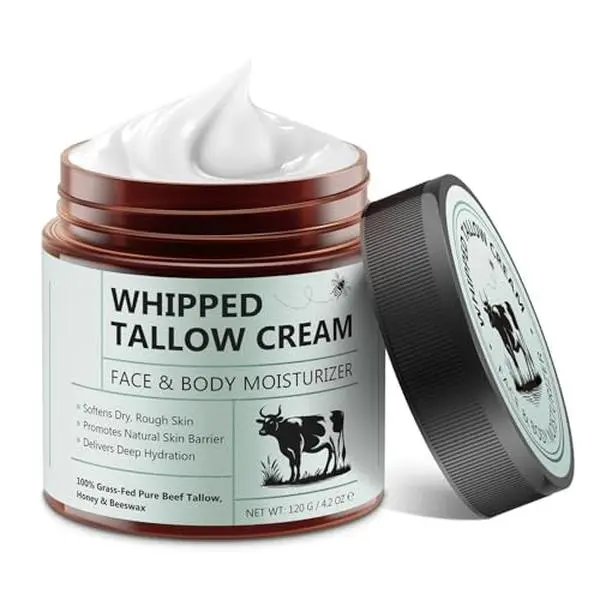 Whipped Beef Tallow for Skin - Grass Fed Pure Beef Tallow with Honey, Natural Moisturizing Cream for Face and Body, Deep Hydration Softens Dry Skin, Nourishing Tallow Cream 4.2 Oz