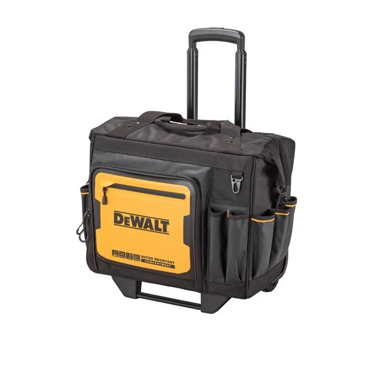212 MAIN Water Resistant IP54 Rated 27-Pocket Black & Yellow Ballistic Nylon Rolling Tool Bag with Wheels, Rolling Handle, Tape Holder, Zippered Top and Tool Organizer Case