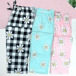 Summer Red 3 PCS Set Per Pack Women's Soft Drawstring Elastic Waist Loose Cute Cartoon Floral Plaid Knit Causal Long Sleeping Pajamas Trousers PJ Pants Bottom For Fall Comfort Loungewear Nightwear Casual Pajama Set pants  pyjama