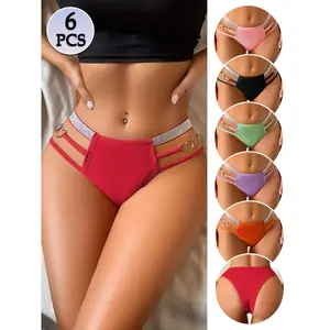 6-piece set of hollowed-out panties, sexy heart-shaped ring hip-hugging underwear, soft, comfortable, breathable, shiny thin waistband, solid color women's panties, women's underwear & lingerie
