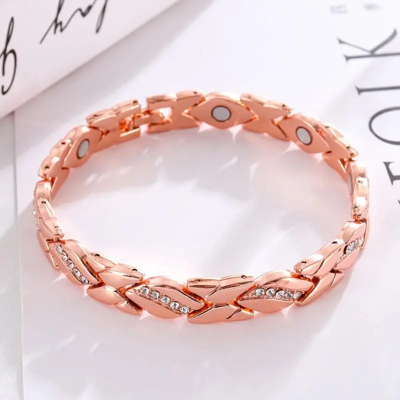 Unisex Elegant Leaf Bracelet – Pure Copper Magnetic Design with Diamond Accents & 3500 Gauss Magnet for Wellness and Style Christmas Gift