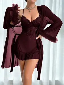 2pcs Set Fishbone Style Cinch Waist Lace Cami Nightgown & Wide Sleeve Mesh Robe - bridal wear season wear spicy set Plus Size Sleep Backless  night gown garter strap intimate lingerie fursuit and Camisole Valentine's Day b cup Cute Heart Print Pajama