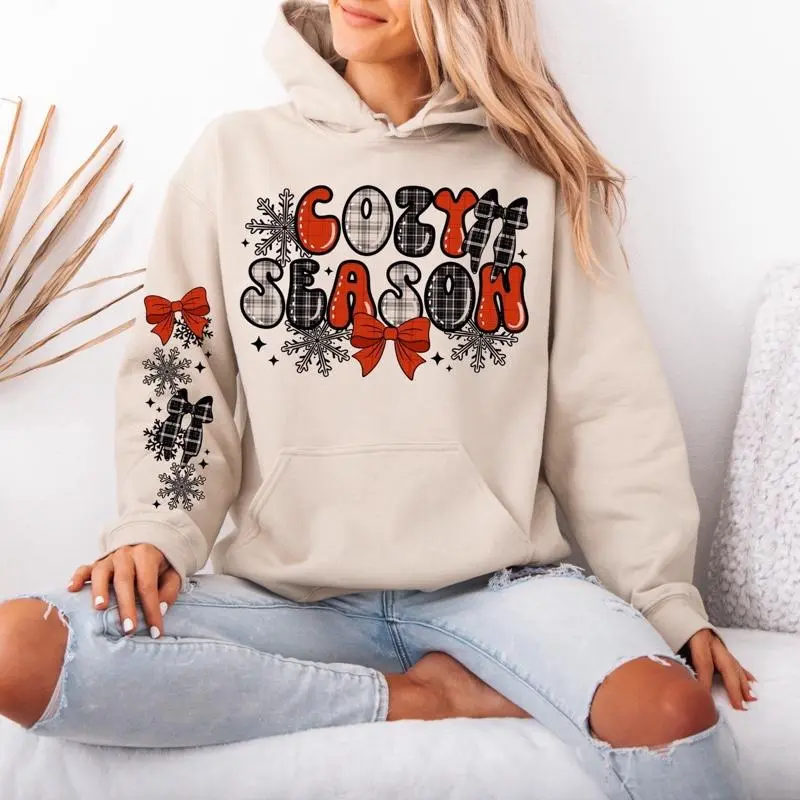 Cozy Season Plaid  Gildan hooded Sweatshirt with Sleeve design unisex sizing womenswear comfortable soft Casual Pullover Tops Fabric Pocket Spandex Cotton