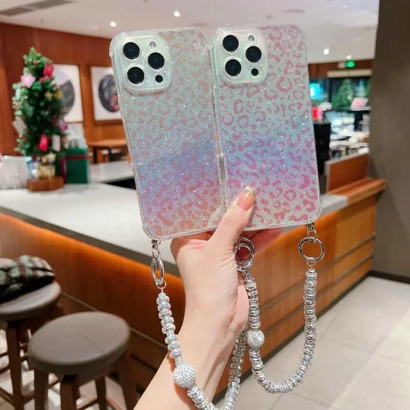 Women's Leopard Gradient Glitter Chain For iPhone 17 Pro Max Phone Case Color-Plated Iridescent Blue-Light Soft Case For iPhone 16 HNAC84PLQWE
