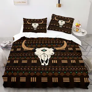 Vintage Aztec Bull Print Duvet Cover Set, Includes 1 or 2 Pillowcases, Deep + Gold Geometric Totem, Soft Breathable Fabric
