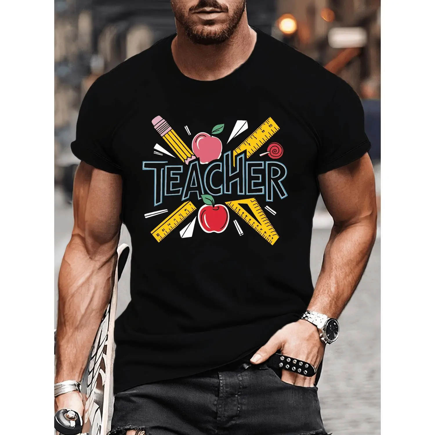 Men's Cotton T-shirt, Casual Streetwear Teacher Graphic Print Top with Short Sleeve and Round Neck, Shortsleeve, Tshirt