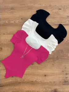 3-piece set of women's spring and autumn square-neck knitted high-elastic short-sleeve elegant bodysuit tops LL168