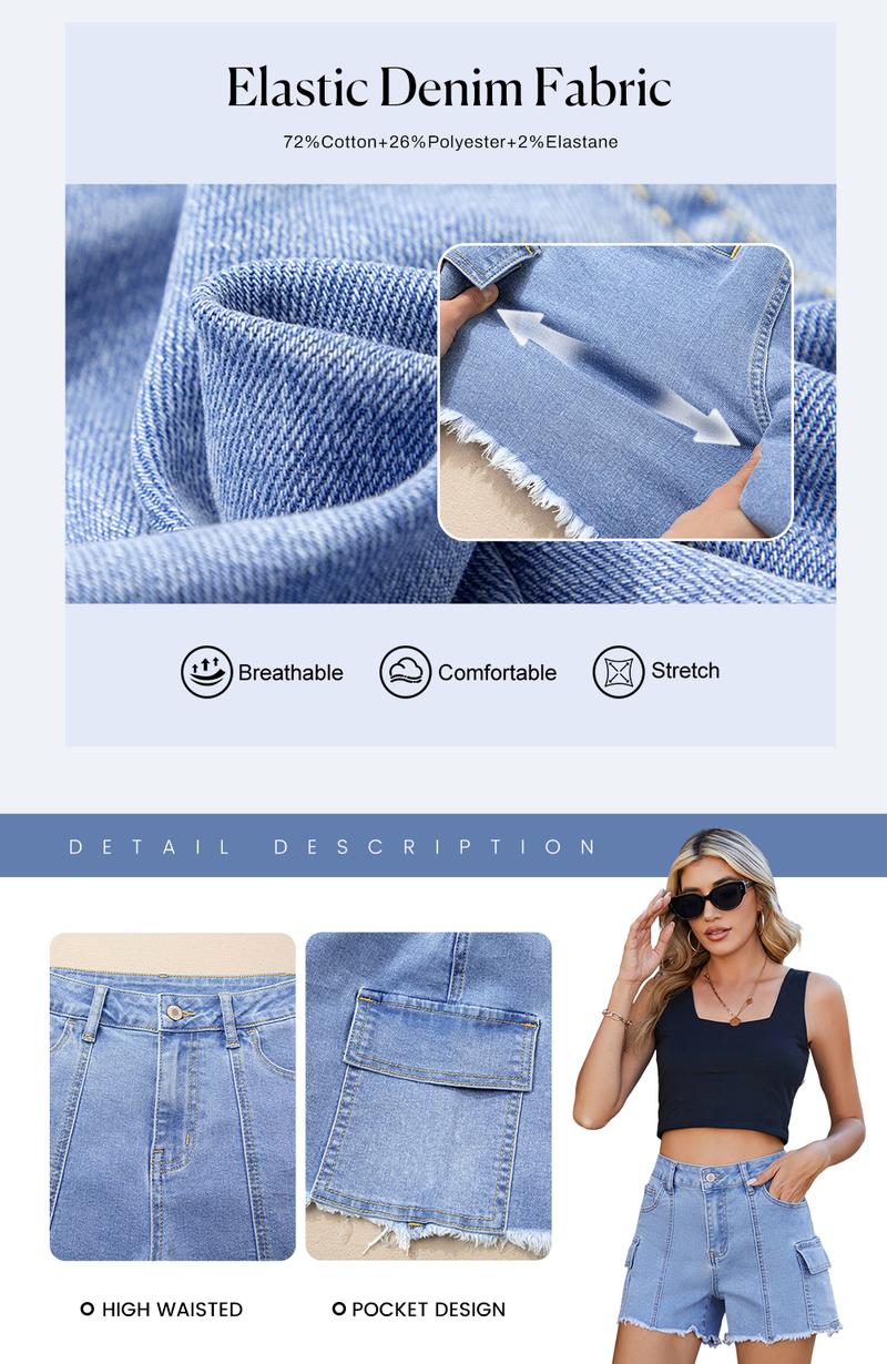 Sidefeel Womens  Jean Shorts Casual Summer High Waisted Stretchy Denim Shorts with Raw Hem and Multi Pockets
