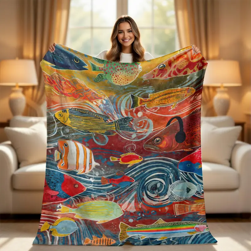 Artistic Tropical Fish Throw Blanket - Colorful Sea Life Pattern with Headphone Fish, Aesthetic Abstract Ocean Fleece Blanket, Fun Weird Gift for Music & Ocean Lovers, Unique Vibrant Bed Couch Decor, Animal Artwork Blankets, Decorative Cover Blankets