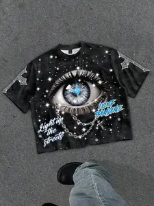 Cross imitation rhinestone print short sleeved T-shirt suitable for both men and women, eye print aesthetic geometric shirt T-shirt, European and American street fashion brand casual fashion shirt short sleeved Y2K Casual Loose Tee