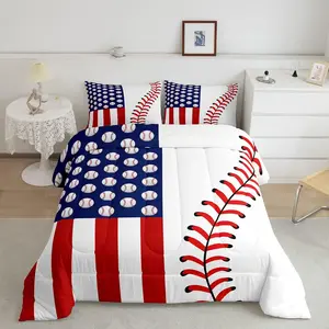 Baseball Themed Microfiber Bedding Set - Luxury Designer Bed Comforter Set with Red, White, Blue Ball Pattern, Competitive Quilt