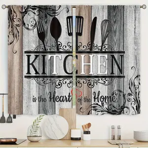 [Vintage Kitchen Curtains] 2pcs Vintage Polyester Kitchen Curtains - "Kitchen is the Heart of the Home" Design with Cutlery & Floral Patterns, Semi-Transparent Fabric for Kitchen, Bedroom, Living Room Decor |   Kitchen Window Curtains