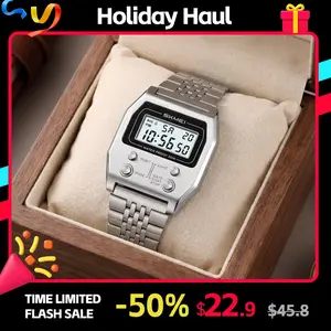 SKMEI Unisex Digital Watch, Slim 8.2mm Compact 34.8mm Display with Stainless Steel Band, Stopwatch, Countdown Timer, Alarm, EL Backlight, Zinc Alloy Case, Glass Lens, Splash Resistant (3ATM) Lightweight Watch for Office, Casual Wear, and Everyday Style