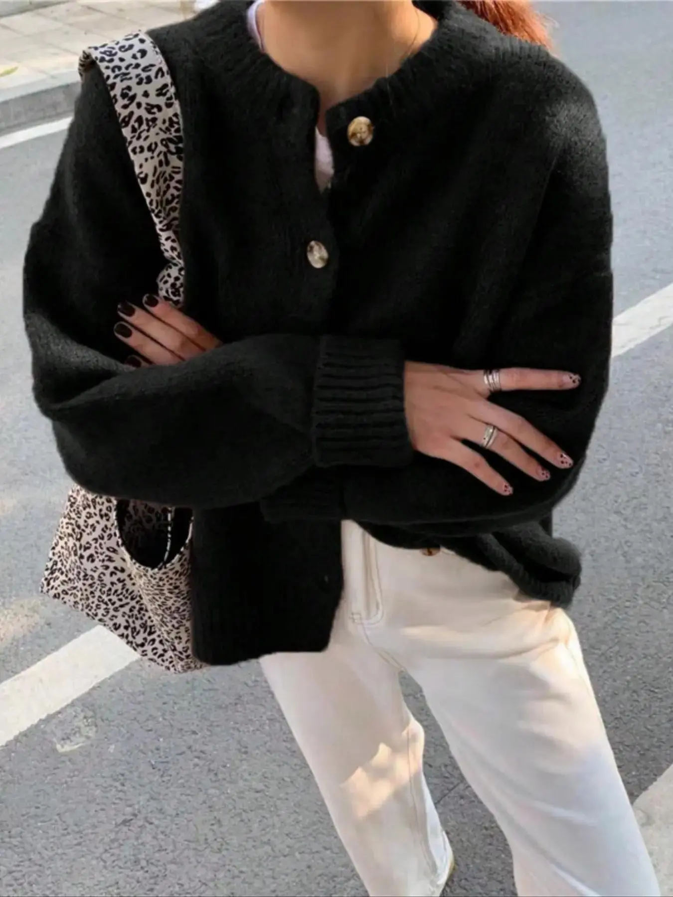 Women's Sophisticated Vintage Loose Knit Commuter Cardigan, Fall & Winter Casual Street Style, Old Money New Year & Christmas Sweater, Knitwear, textured elegance, cozy refinement, knit sophistication