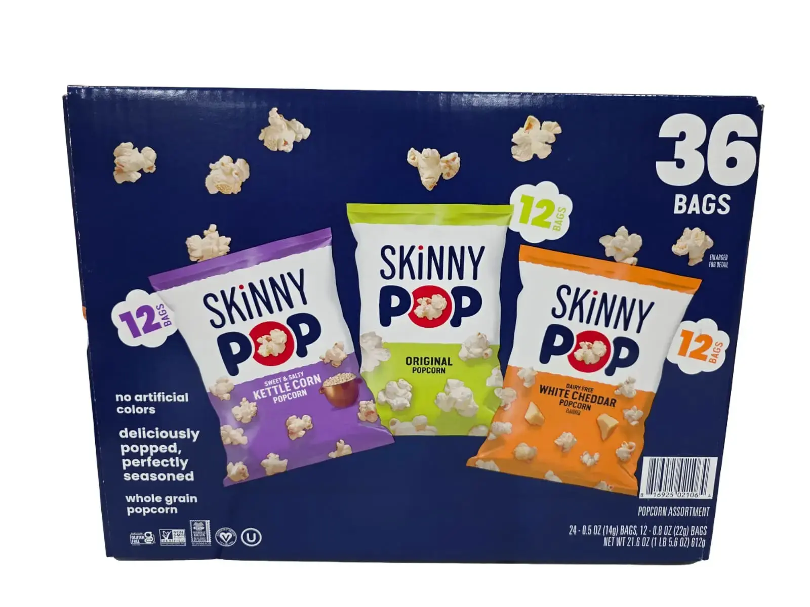 Skinny Pop 36-Pack Variety Pack - 12 Original, 12 White Cheddar, 12 Sweet and Salty Kettle Corn - Gluten-Free, Dairy-Free, Non-GMO, 21.6 oz.