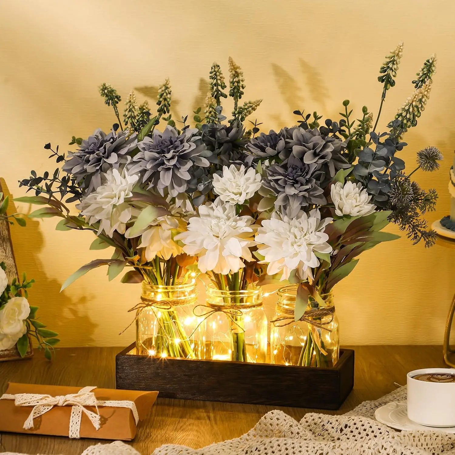 Baderke 3-Piece Glass Mason Jar Centerpiece Set with Transparent Silk Floral Decor, Fake Blue Flowers, Rustic Wood Tray & Light - Home Kitchen Utensil Table Decor for Spring, Nature